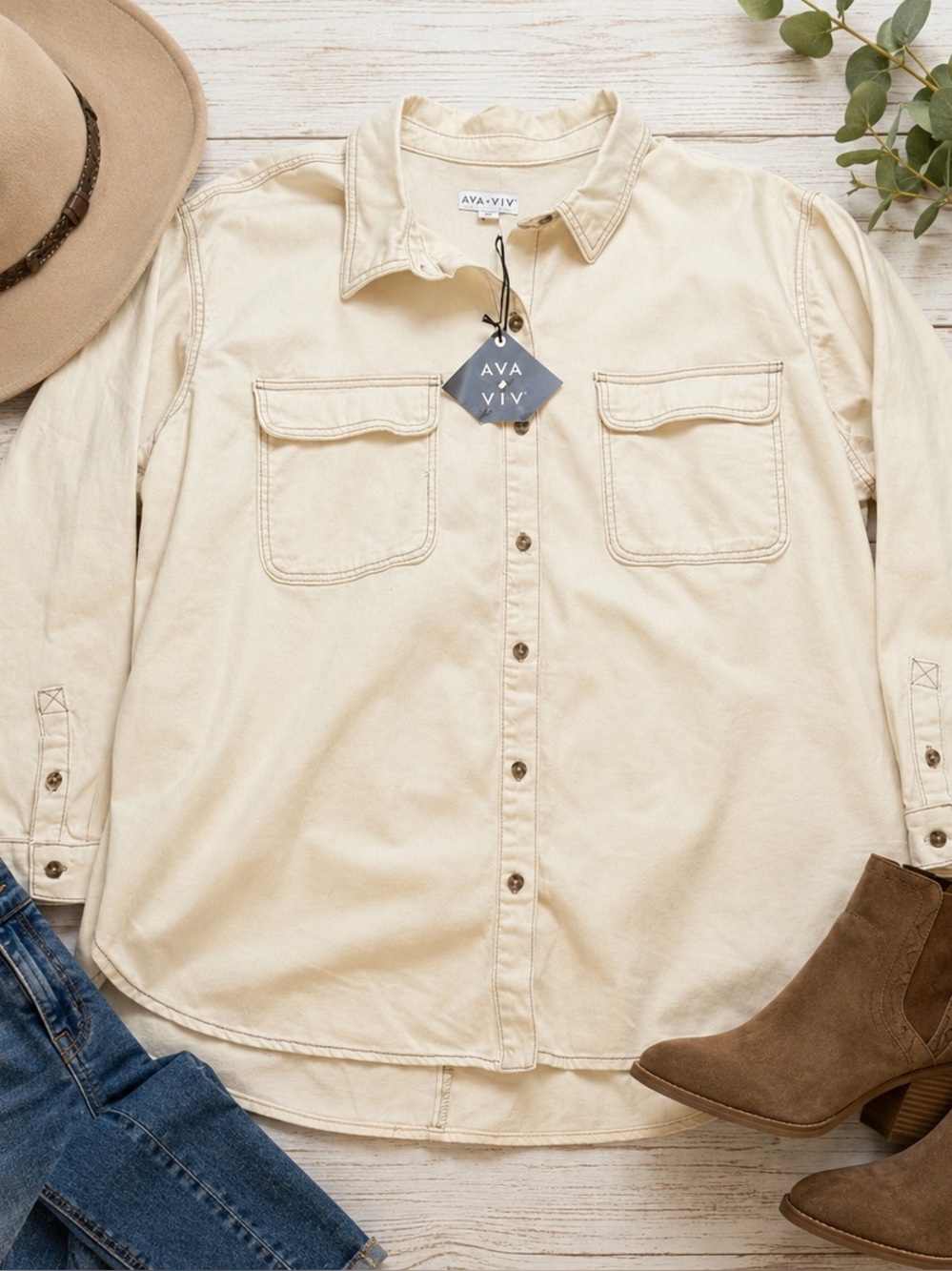 Ava & Viv NWT 3X Cream Utility Shacket Button Front Overshirt Jacket Plus Size